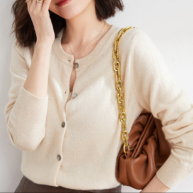 Women’s Round Neck Knitted Cardigan with Long Sleeves and Ribbed Trims – Simple Everyday Layer for Casual and Smart Outfits