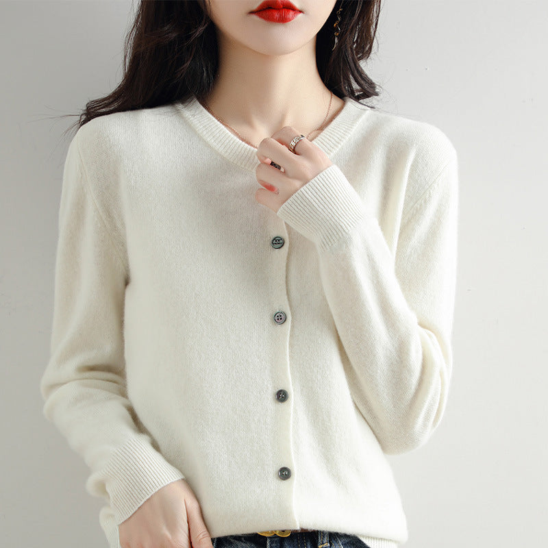 Women’s Round Neck Knitted Cardigan with Long Sleeves and Ribbed Trims – Simple Everyday Layer for Casual and Smart Outfits
