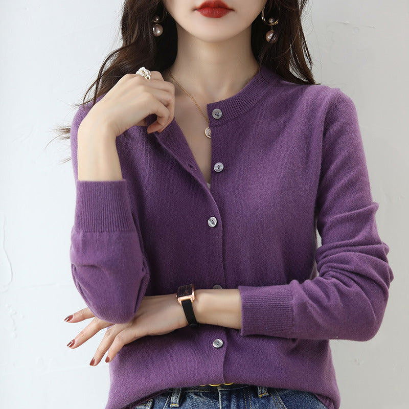 Women’s Round Neck Knitted Cardigan with Long Sleeves and Ribbed Trims – Simple Everyday Layer for Casual and Smart Outfits