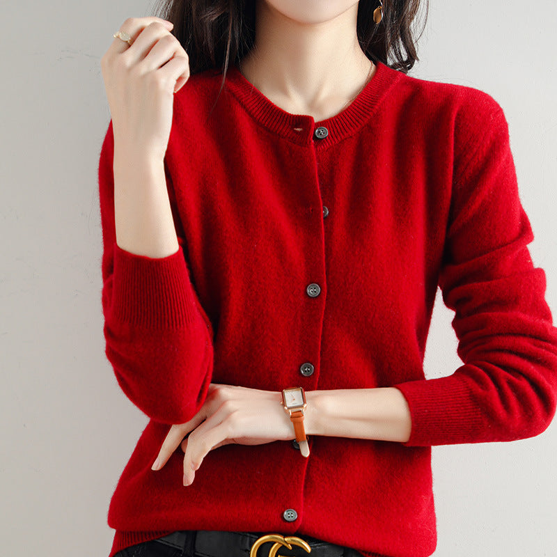 Women’s Round Neck Knitted Cardigan with Long Sleeves and Ribbed Trims – Simple Everyday Layer for Casual and Smart Outfits
