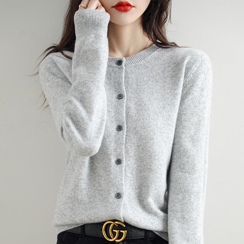 Women’s Round Neck Knitted Cardigan with Long Sleeves and Ribbed Trims – Simple Everyday Layer for Casual and Smart Outfits