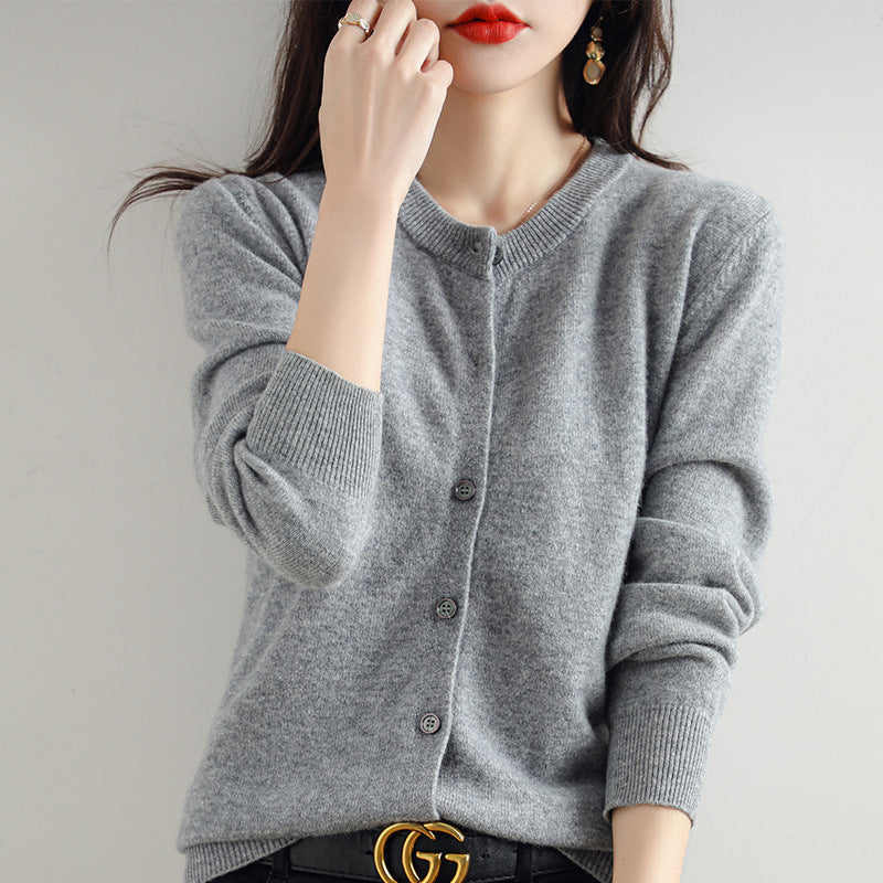 Women’s Round Neck Knitted Cardigan with Long Sleeves and Ribbed Trims – Simple Everyday Layer for Casual and Smart Outfits