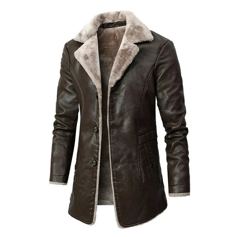 Pánský zimní kabát z PU kůže s podšívkou z beránčí kožešiny – dlouhý kabát s klopami pro elegantní zimní styl