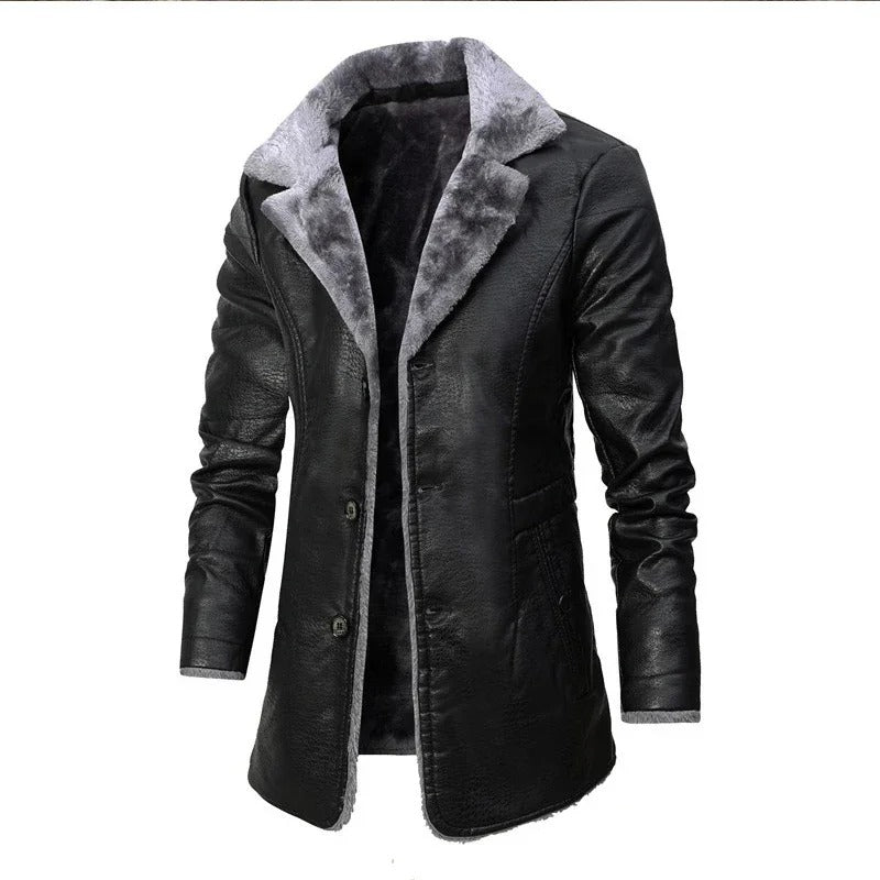 Pánský zimní kabát z PU kůže s podšívkou z beránčí kožešiny – dlouhý kabát s klopami pro elegantní zimní styl