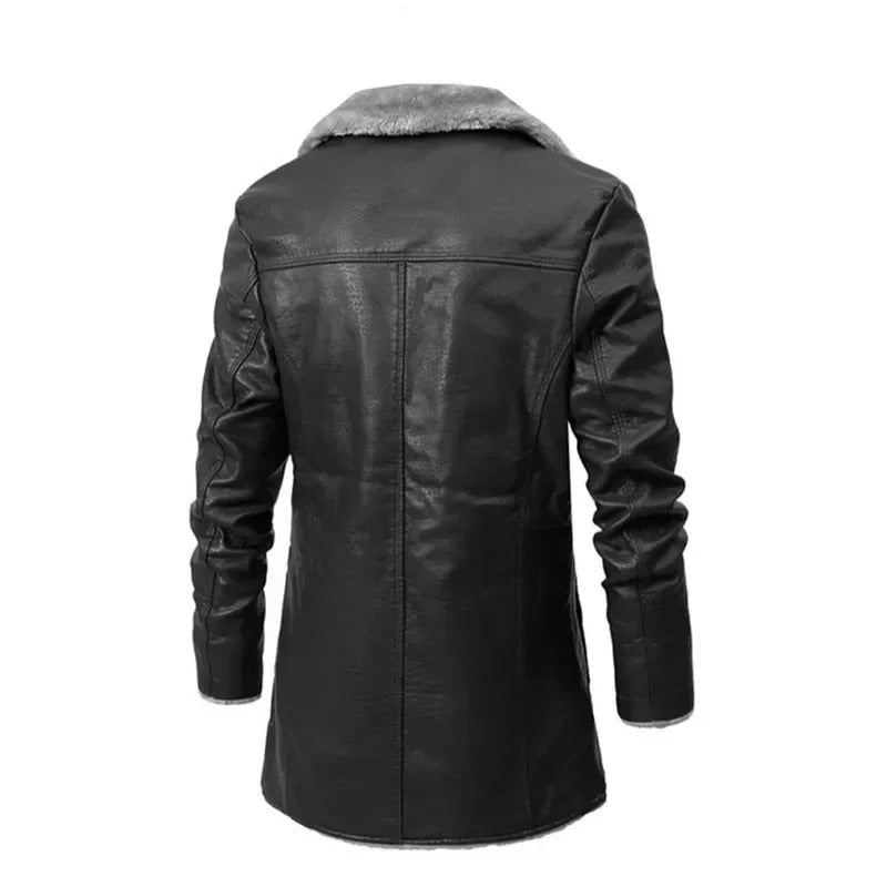 Pánský zimní kabát z PU kůže s podšívkou z beránčí kožešiny – dlouhý kabát s klopami pro elegantní zimní styl