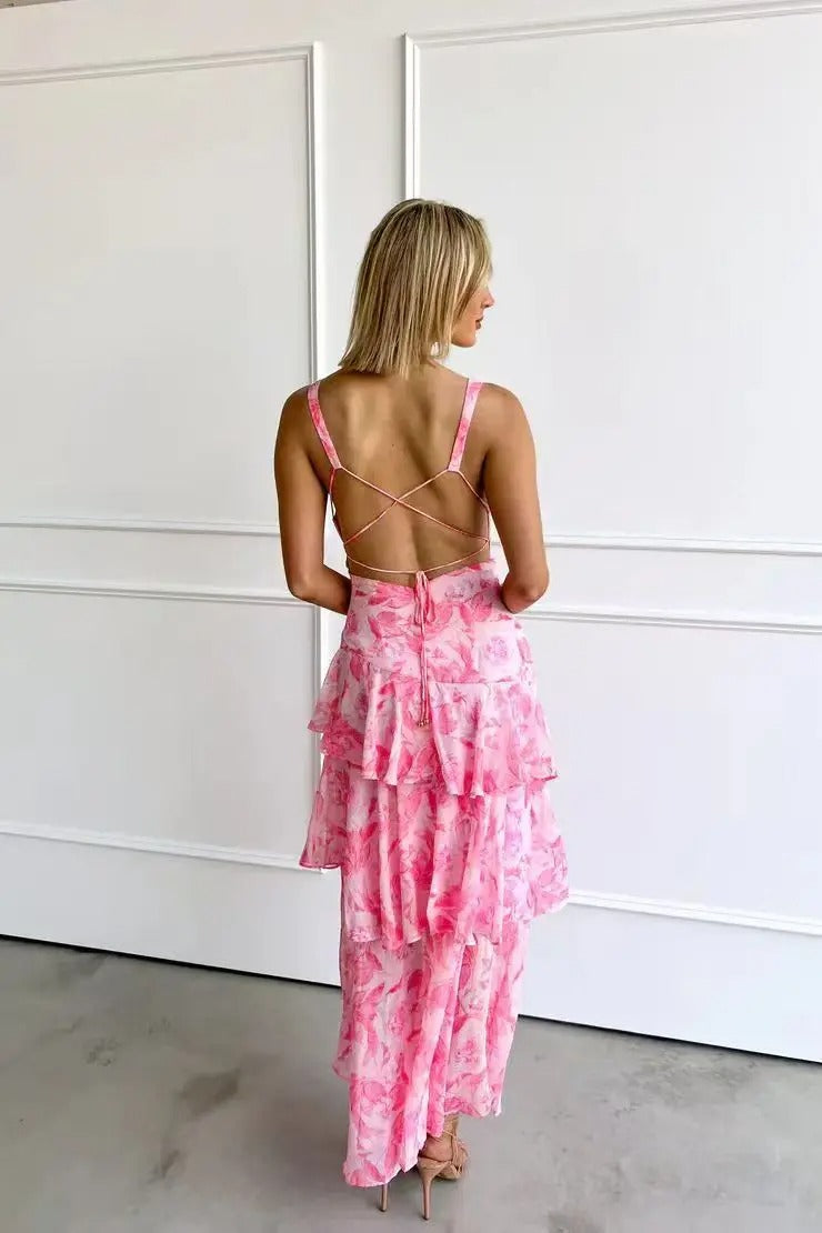 Rochie maxi de damă fără mâneci, cu decolteu în V – model imprimat cu volane suprapuse, pentru evenimentele de primăvară