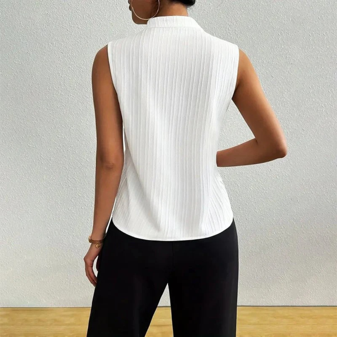 Women’s Pleated Stand-Collar Blouse – Sleeveless Summer Top for Office and Smart Casual Wear
