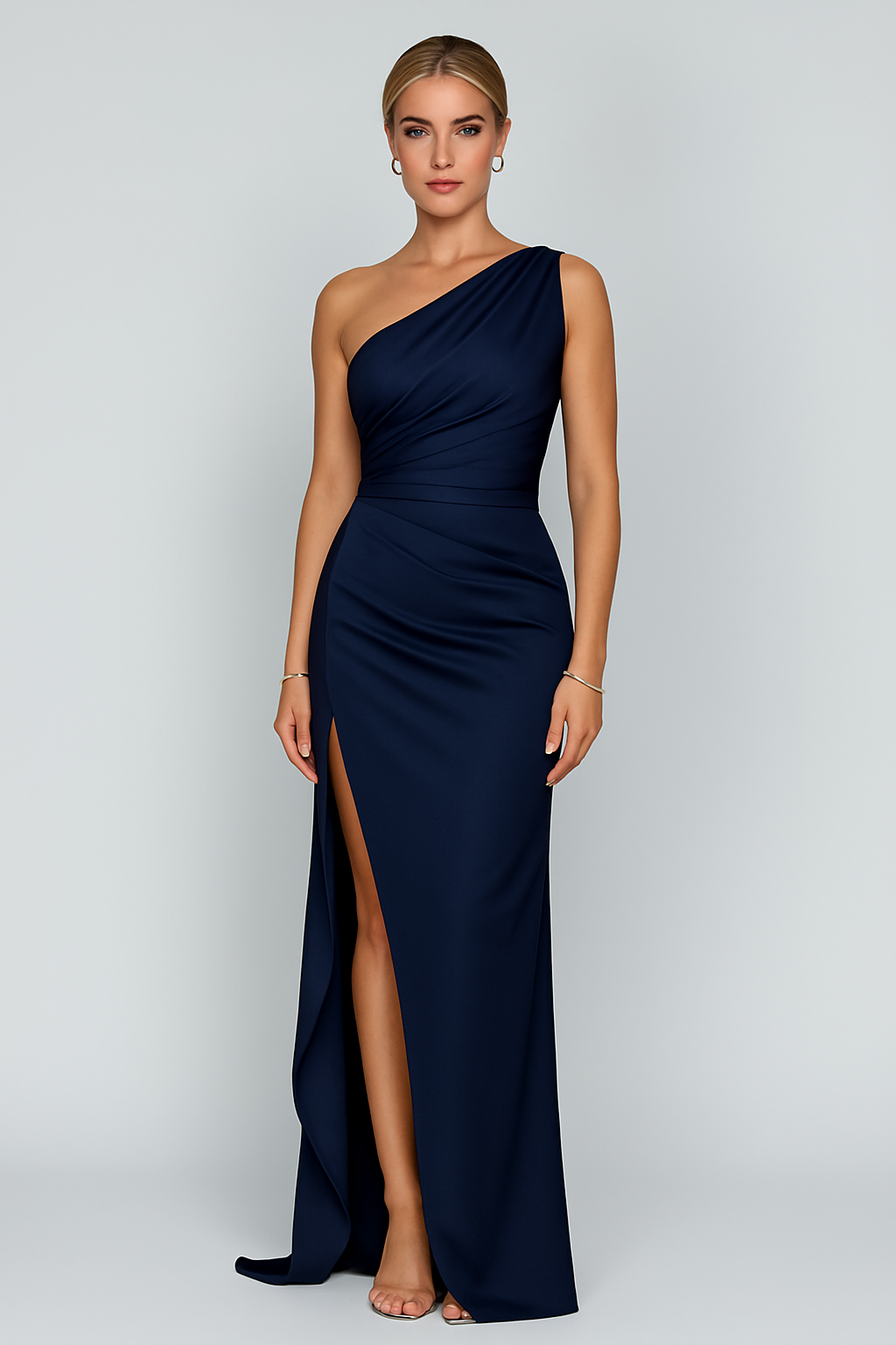 Vestido largo de satén para mujer con un solo hombro, elegante, con abertura, formal, ajustado y fluido