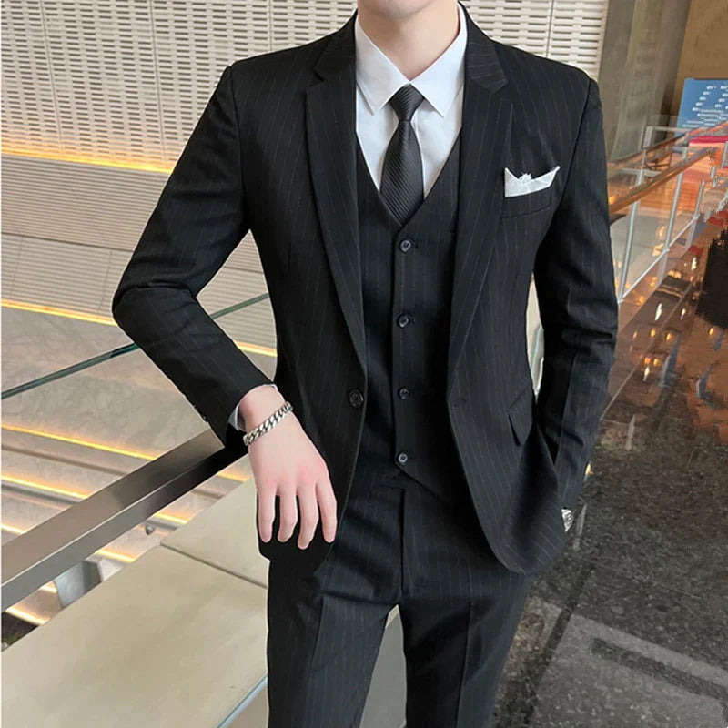 Men’s Striped Business Suit Set Elegant Formal Three Piece Outfit Blazer Waistcoat Trousers