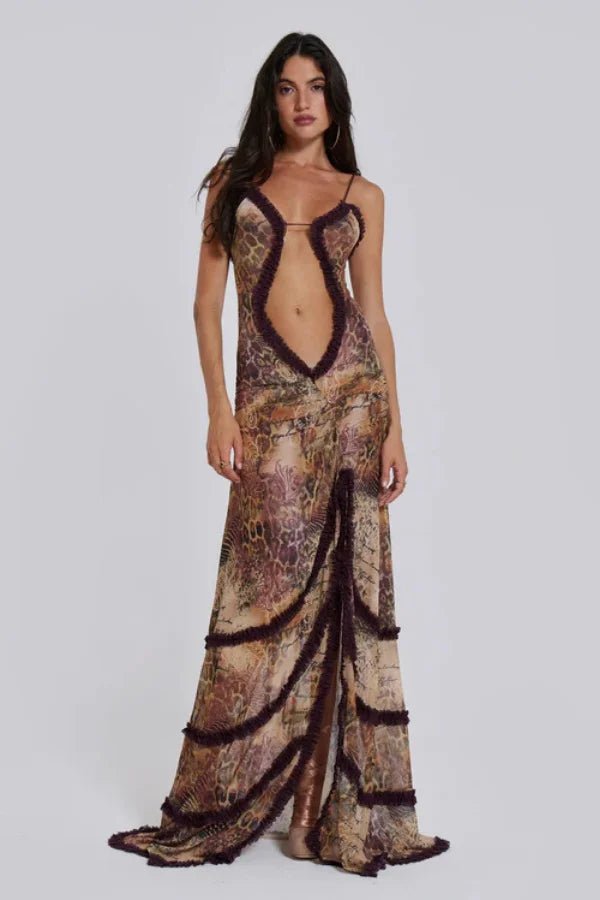 Women’s Maxi Dress Printed Mesh Cut Out Evening Gown