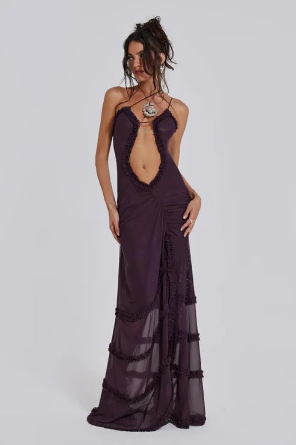 Women’s Maxi Dress Printed Mesh Cut Out Evening Gown