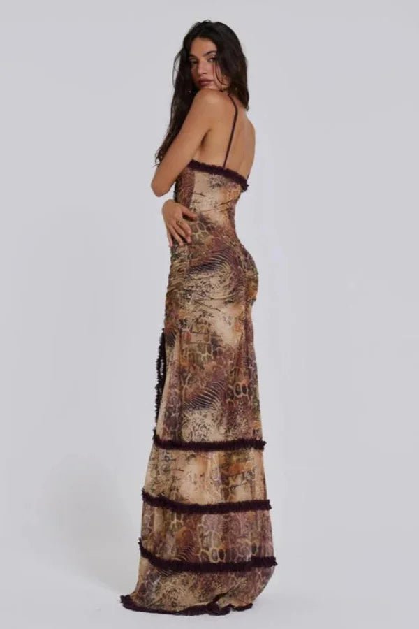 Women’s Maxi Dress Printed Mesh Cut Out Evening Gown
