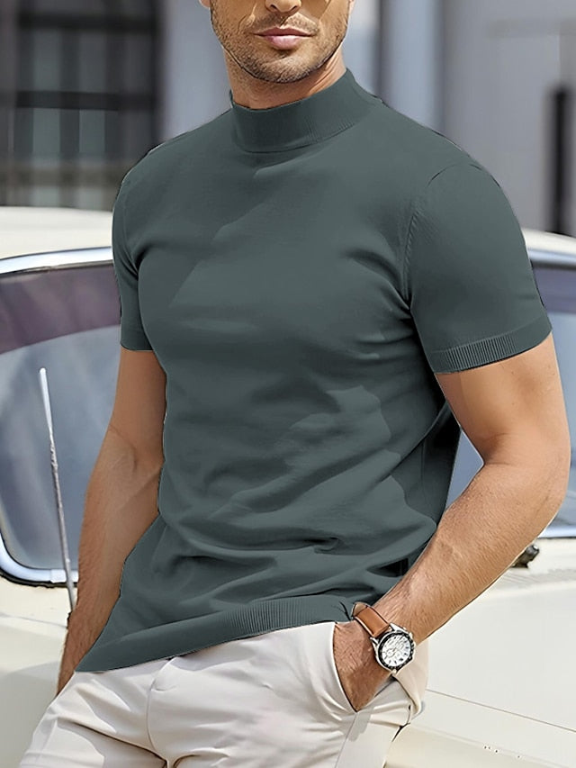 Men’s Slim Fit Short Sleeve Mock Neck Casual Shirt