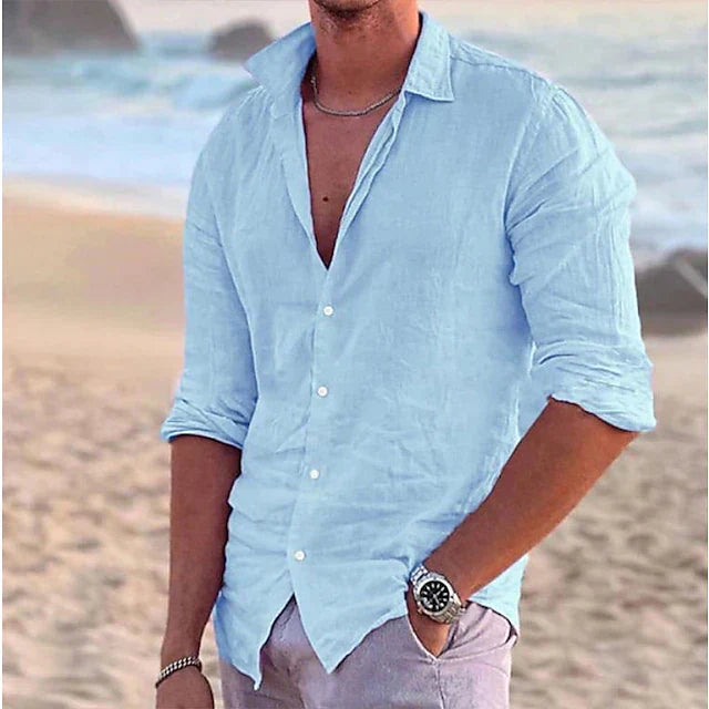 Camisa veraniega entallada de manga larga para hombre - Camisa ligera con botones para vacaciones y el uso diario informal