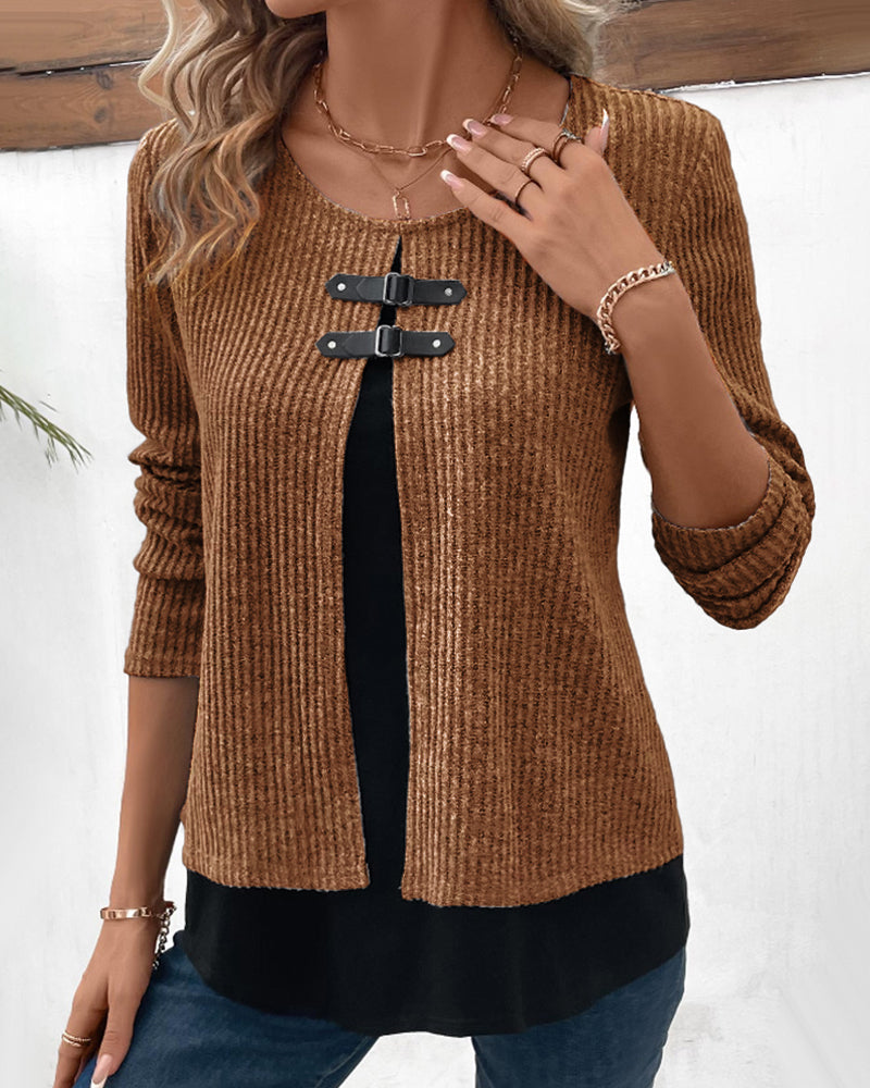 Camiseta de manga larga para mujer con diseño de bloques de color, detalle de patchwork y uso casual diario
