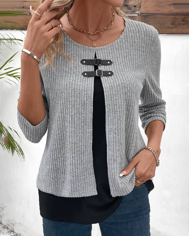 Camiseta de manga larga para mujer con diseño de bloques de color, detalle de patchwork y uso casual diario