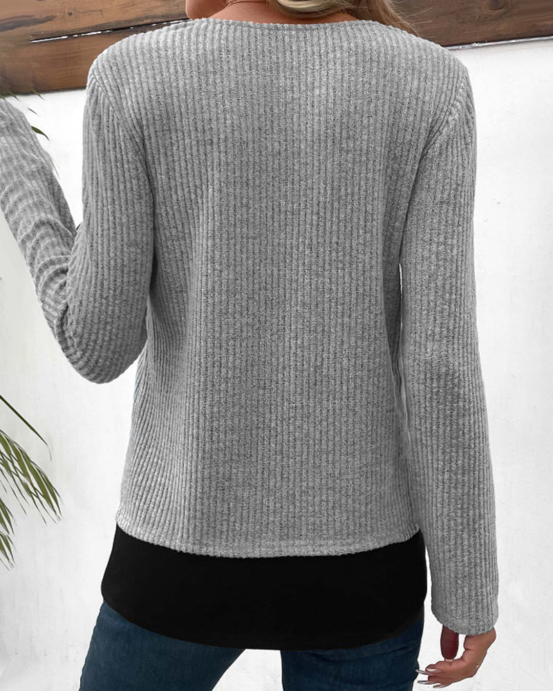 Camiseta de manga larga para mujer con diseño de bloques de color, detalle de patchwork y uso casual diario