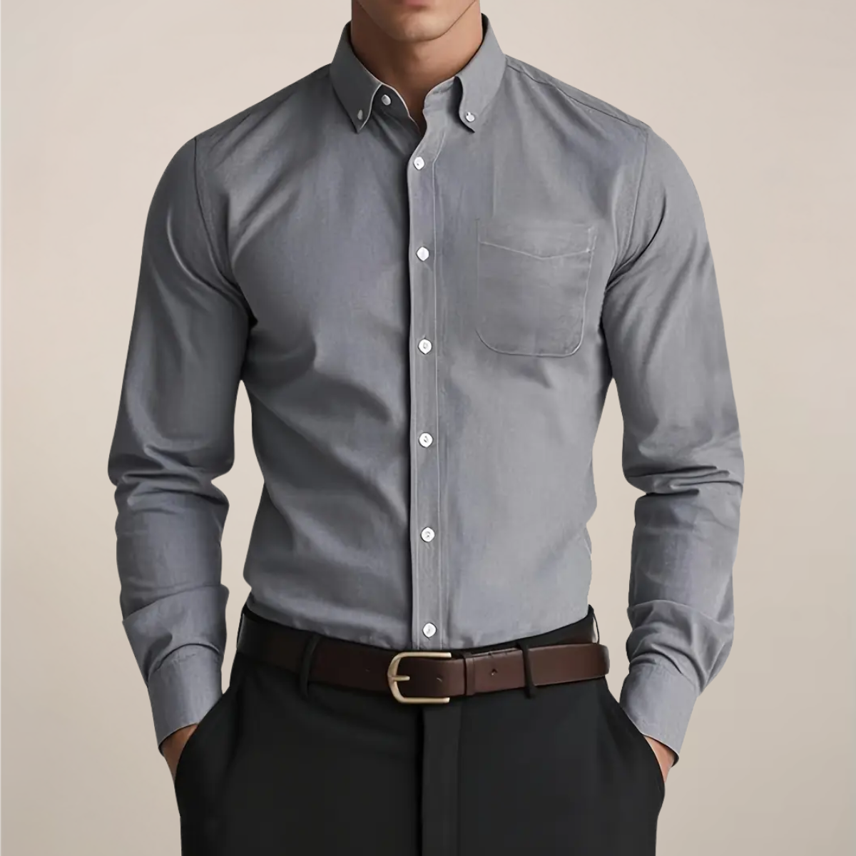 Chemise homme coupe slim à col boutonné – manches longues, style business estival