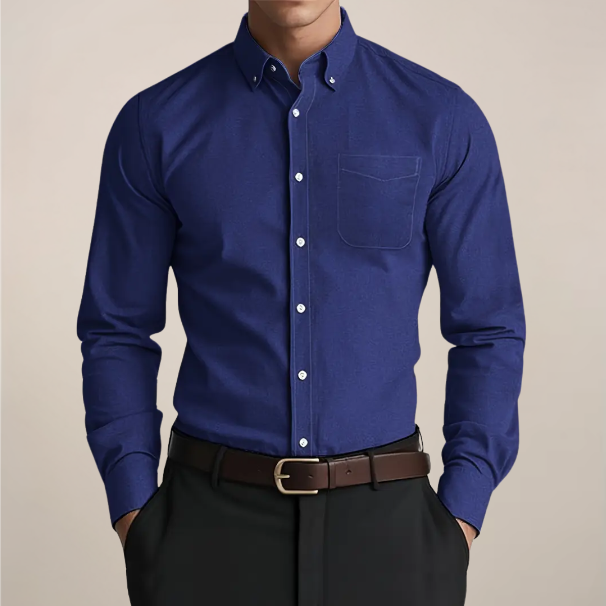 Chemise homme coupe slim à col boutonné – manches longues, style business estival