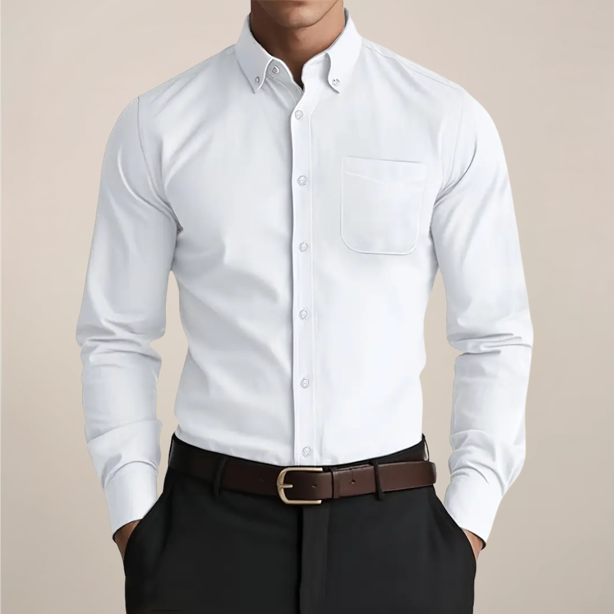 Chemise homme coupe slim à col boutonné – manches longues, style business estival