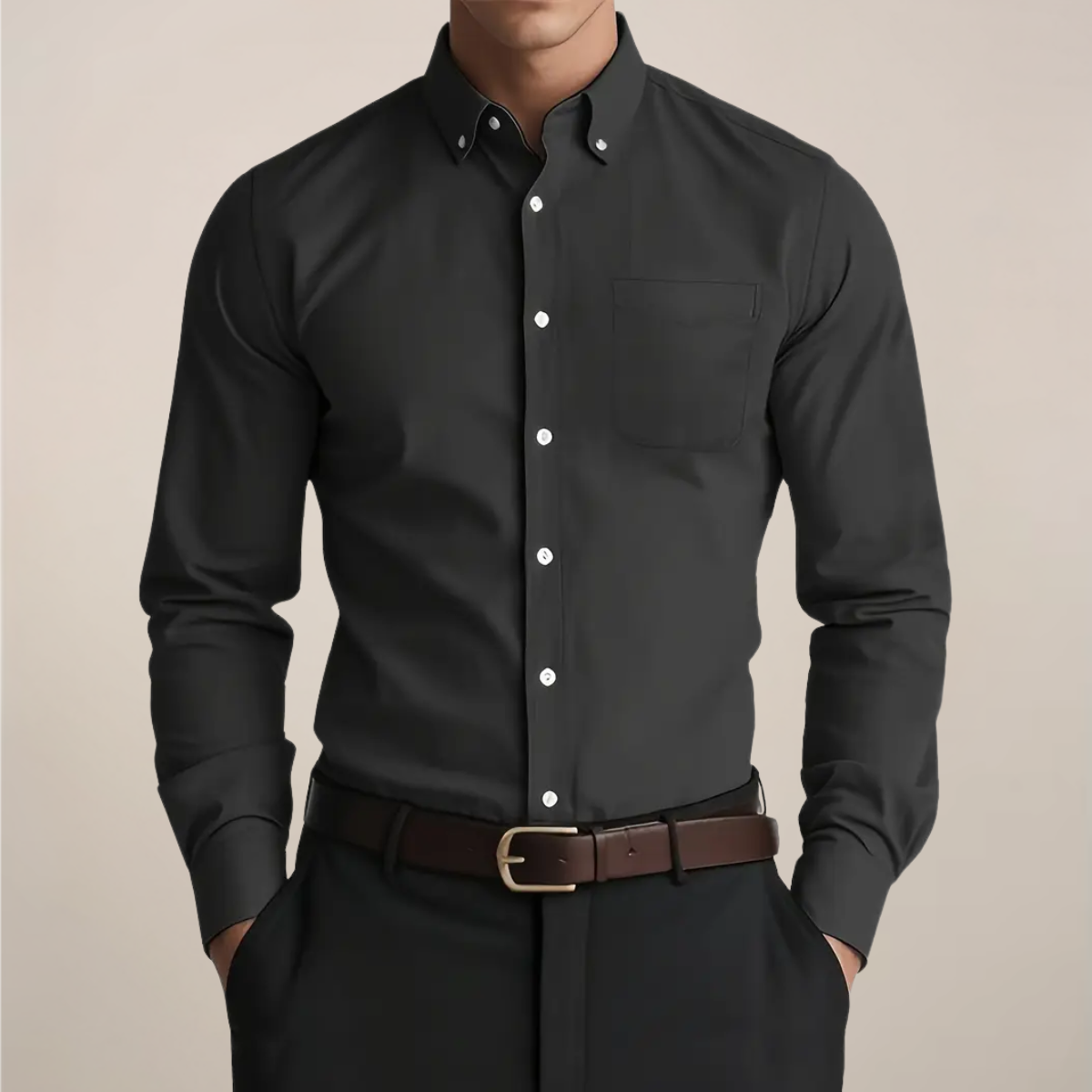 Chemise homme coupe slim à col boutonné – manches longues, style business estival