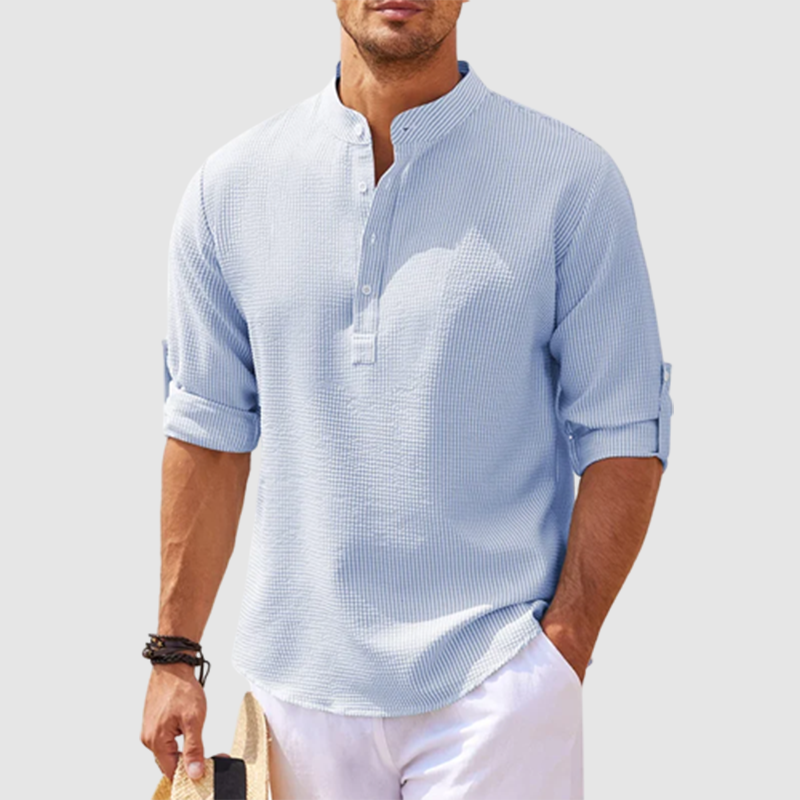 Camicia da uomo con colletto alla coreana e abbottonatura a polo, maniche arrotolabili, stile estivo per le vacanze