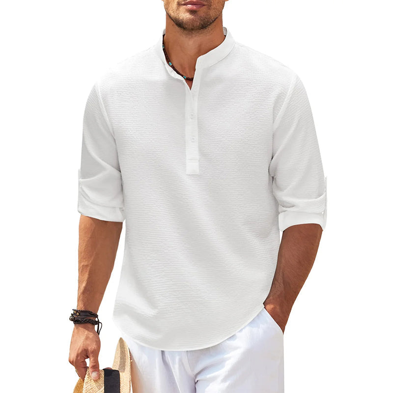 Camicia da uomo con colletto alla coreana e abbottonatura a polo, maniche arrotolabili, stile estivo per le vacanze