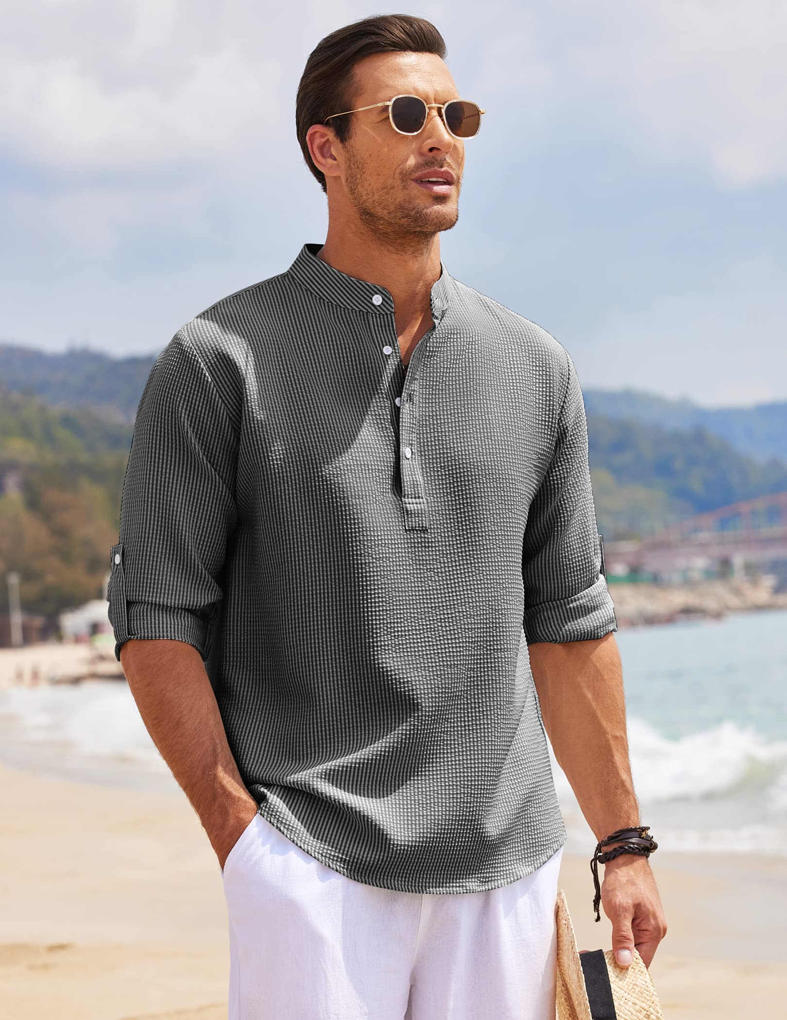 Camicia da uomo con colletto alla coreana e abbottonatura a polo, maniche arrotolabili, stile estivo per le vacanze