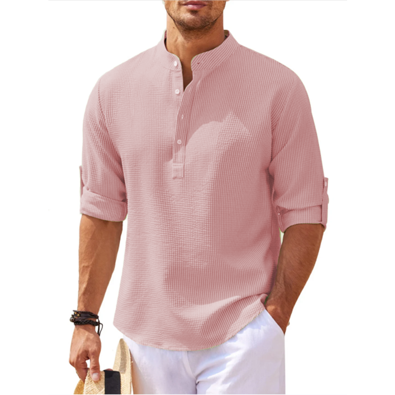 Camicia da uomo con colletto alla coreana e abbottonatura a polo, maniche arrotolabili, stile estivo per le vacanze