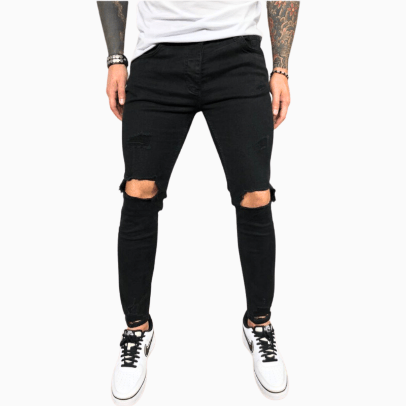 Jean skinny déchiré pour homme – Denim extensible près du corps avec genoux effet usé et détails à bords francs