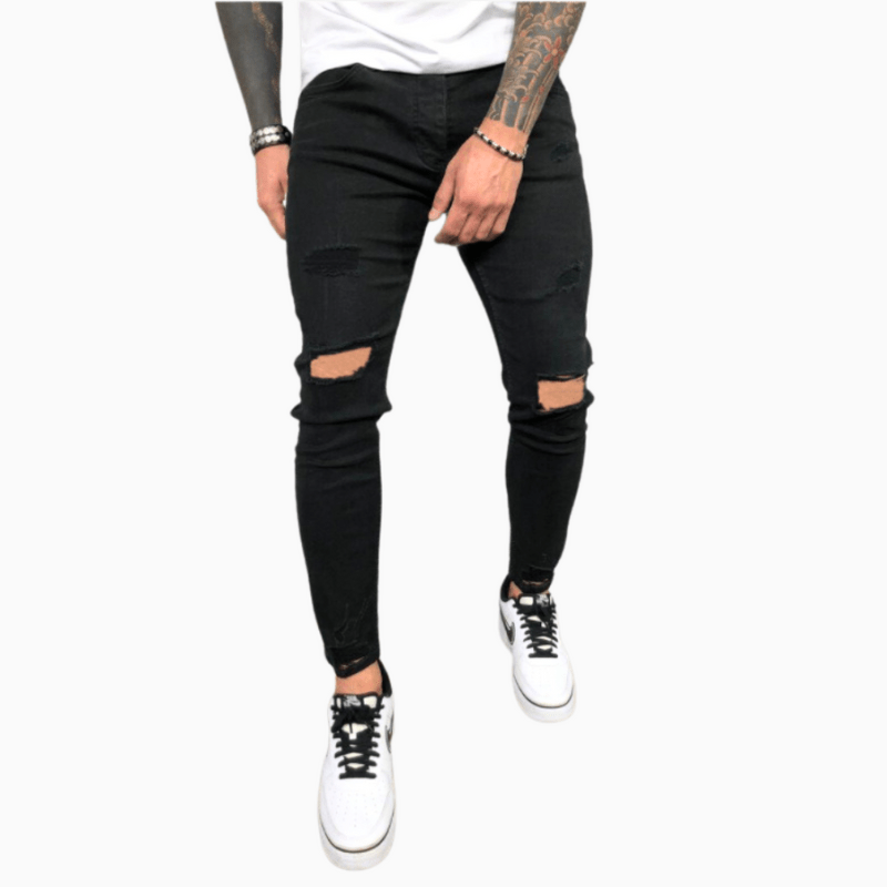 Jean skinny déchiré pour homme – Denim extensible près du corps avec genoux effet usé et détails à bords francs