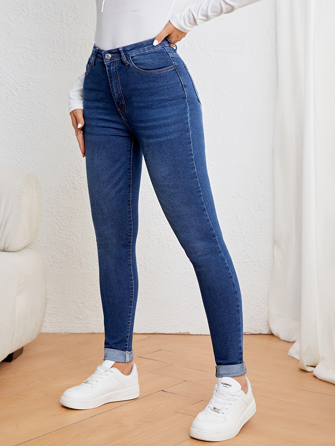 Jeans de mujer de tiro alto, ajuste slim, denim elástico, corte skinny, casual, cómodos para el uso diario