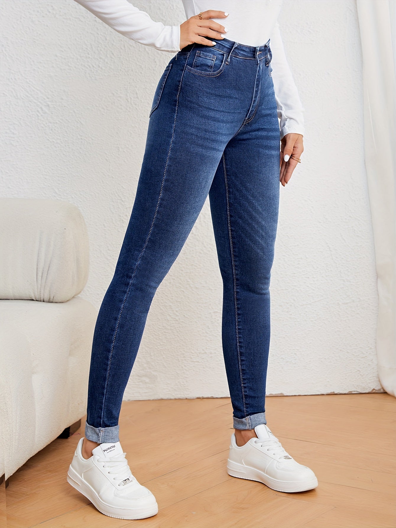 Jeans de mujer de tiro alto, ajuste slim, denim elástico, corte skinny, casual, cómodos para el uso diario