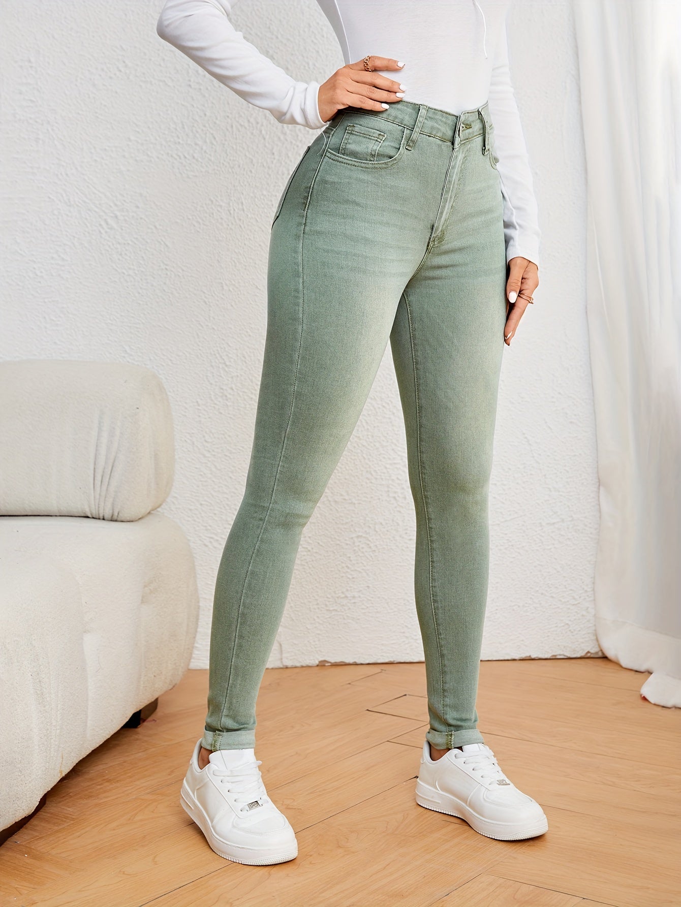 Jeans de mujer de tiro alto, ajuste slim, denim elástico, corte skinny, casual, cómodos para el uso diario