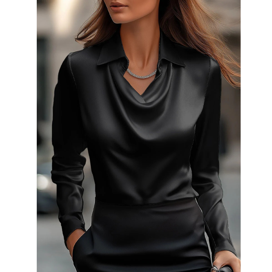 Ženska satenska bluza s drapiranim izrezom – elegantan top dugih rukava za ured i večernje prigode