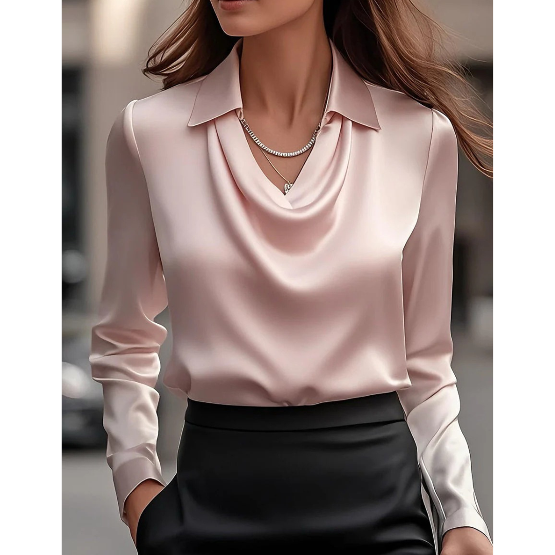 Ženska satenska bluza s drapiranim izrezom – elegantan top dugih rukava za ured i večernje prigode