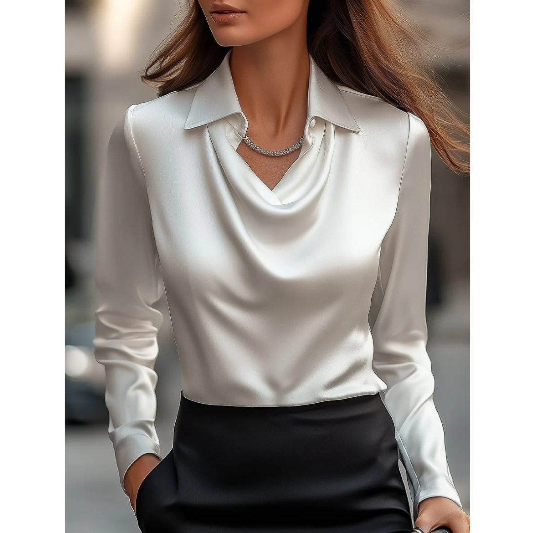 Ženska satenska bluza s drapiranim izrezom – elegantan top dugih rukava za ured i večernje prigode