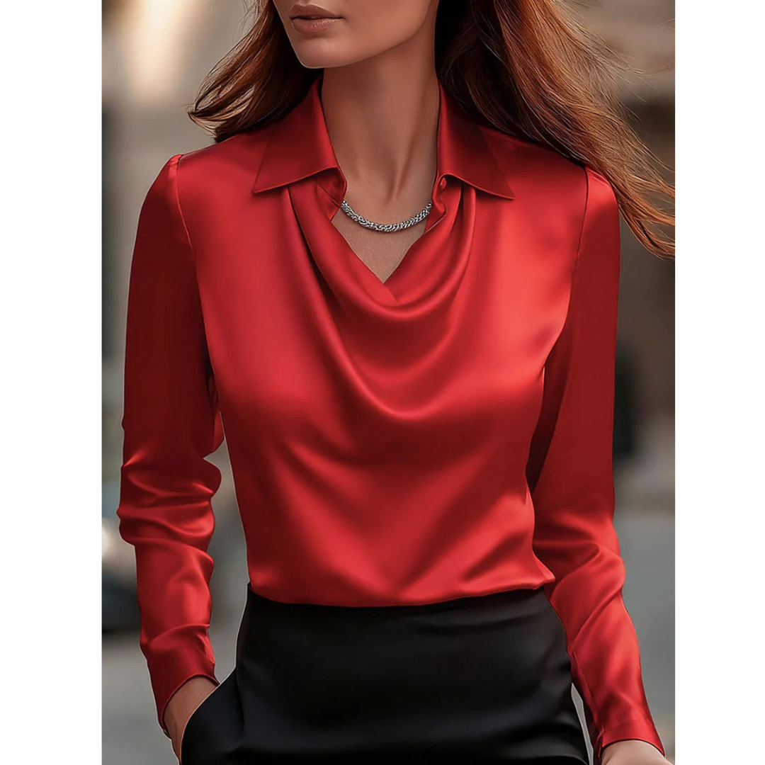 Ženska satenska bluza s drapiranim izrezom – elegantan top dugih rukava za ured i večernje prigode
