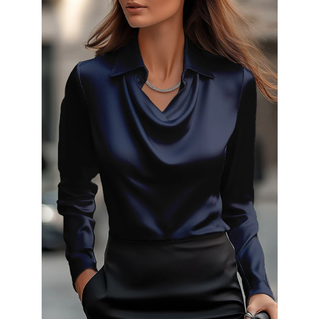 Ženska satenska bluza s drapiranim izrezom – elegantan top dugih rukava za ured i večernje prigode