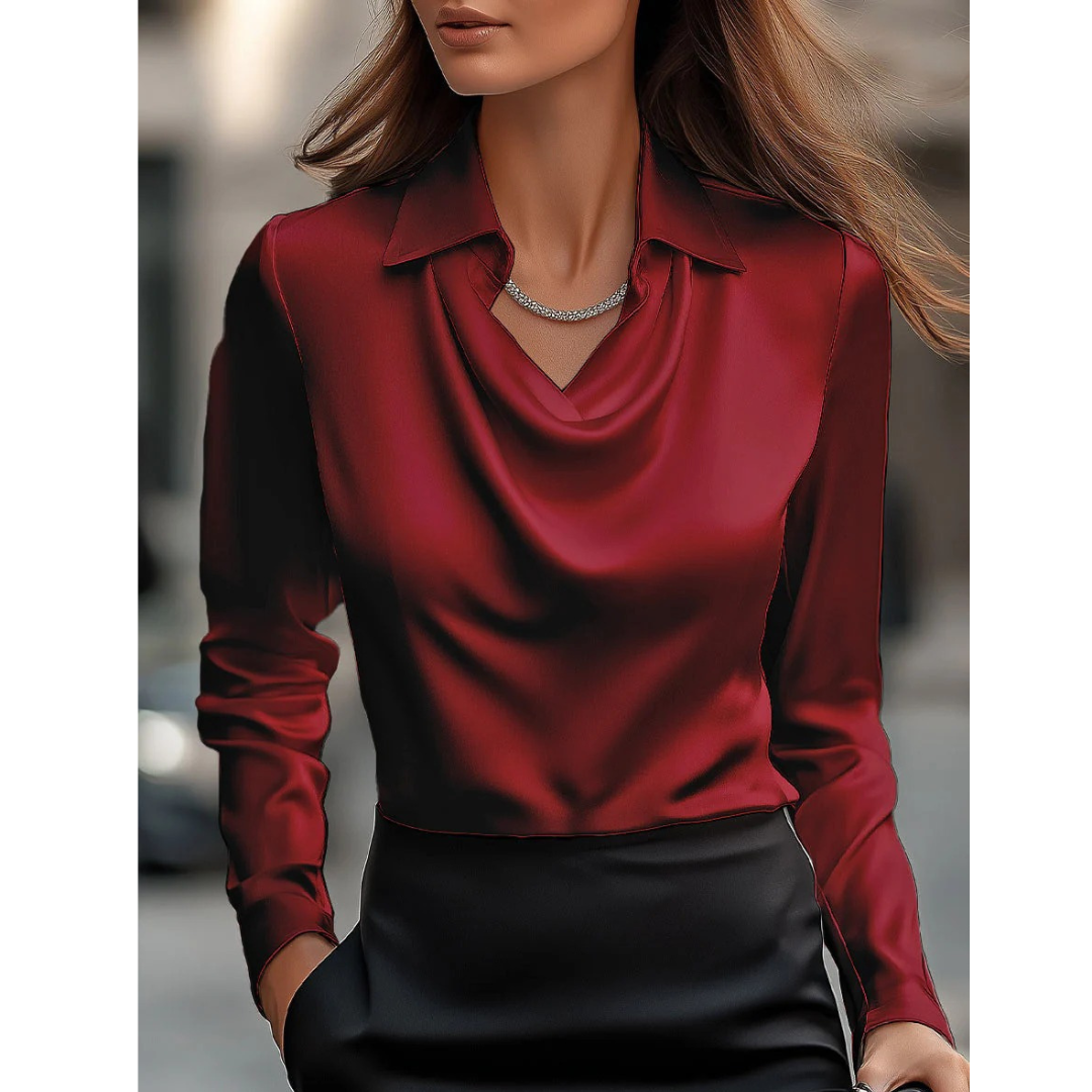 Ženska satenska bluza s drapiranim izrezom – elegantan top dugih rukava za ured i večernje prigode