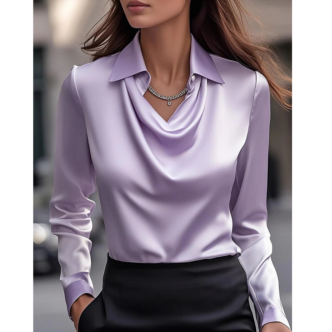 Ženska satenska bluza s drapiranim izrezom – elegantan top dugih rukava za ured i večernje prigode