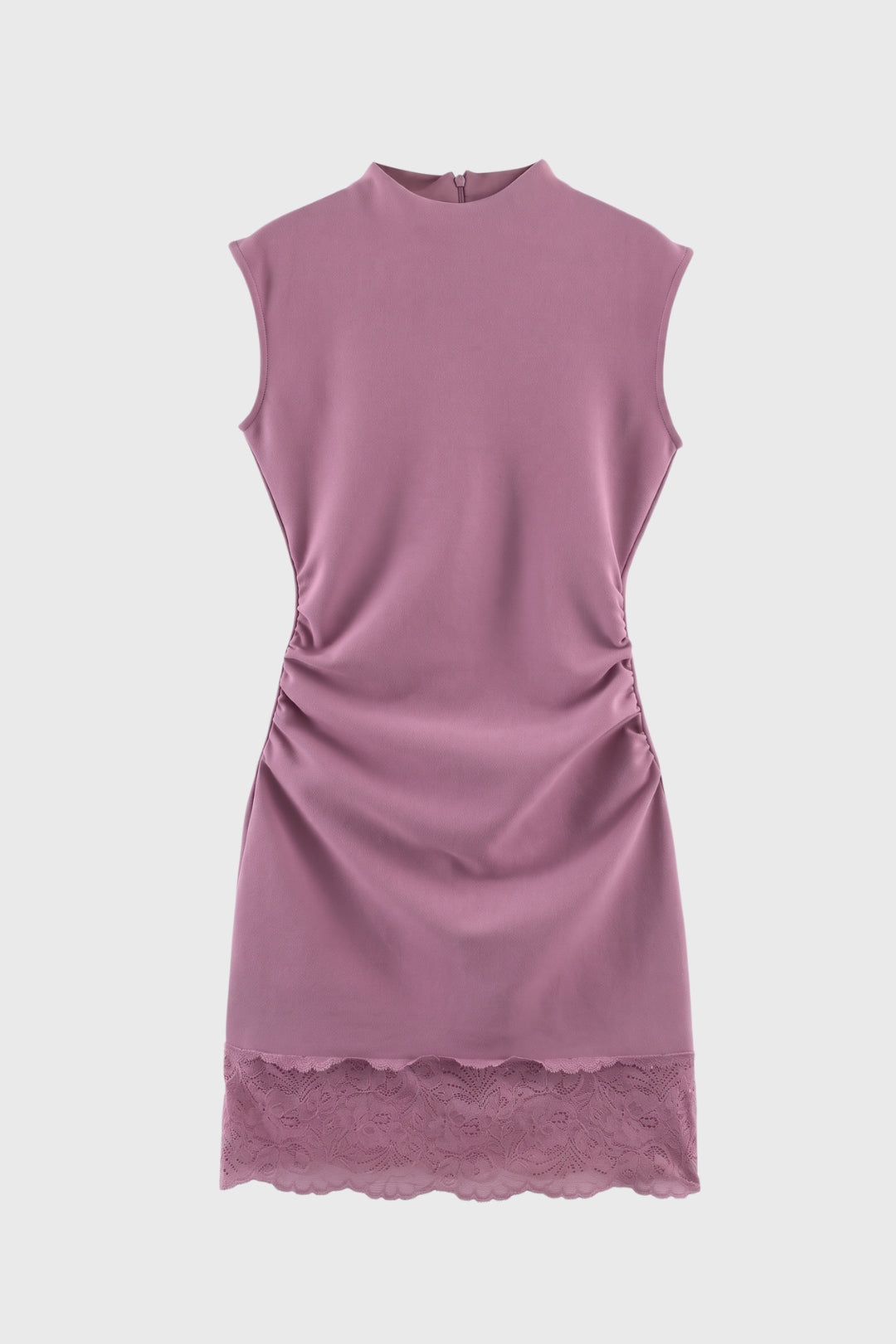 Rochie mini pentru femei, cu guler înalt, drapată, cu tiv din dantelă