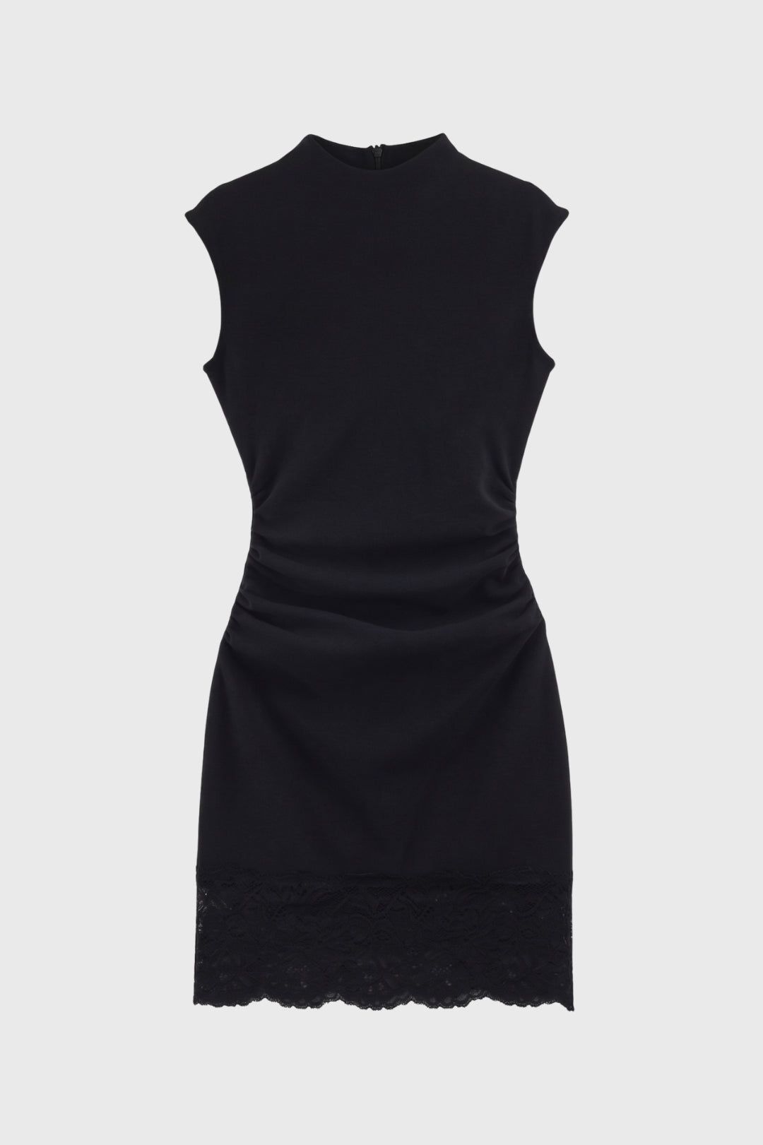 Rochie mini pentru femei, cu guler înalt, drapată, cu tiv din dantelă
