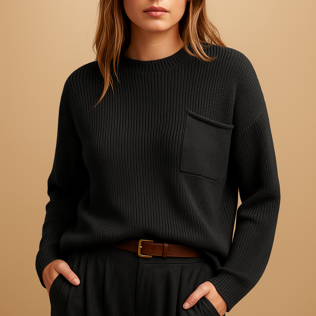 Luźny dzianinowy sweter damski z okrągłym dekoltem – prążkowany fason z długimi rękawami i kieszenią na niezobowiązujące dni oraz eleganckie codzienne warstwowe stylizacje