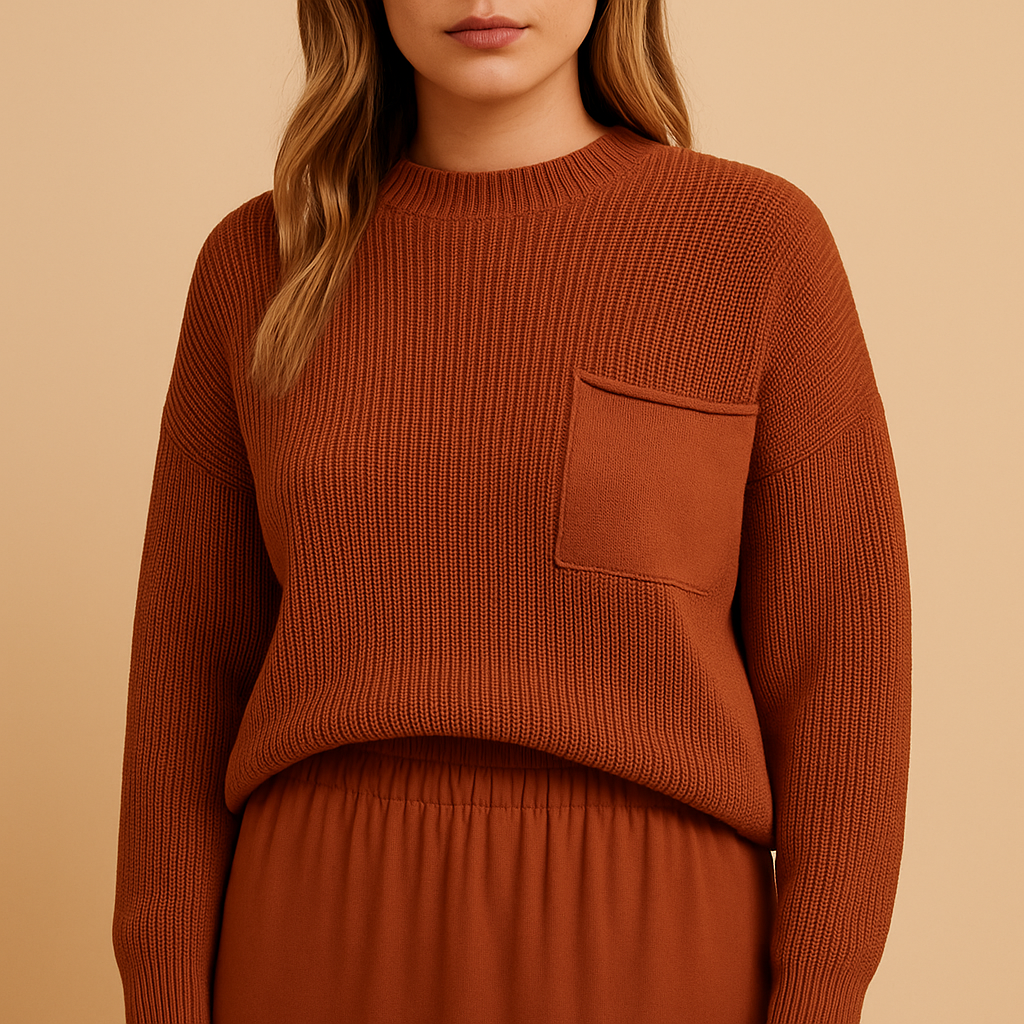 Luźny dzianinowy sweter damski z okrągłym dekoltem – prążkowany fason z długimi rękawami i kieszenią na niezobowiązujące dni oraz eleganckie codzienne warstwowe stylizacje