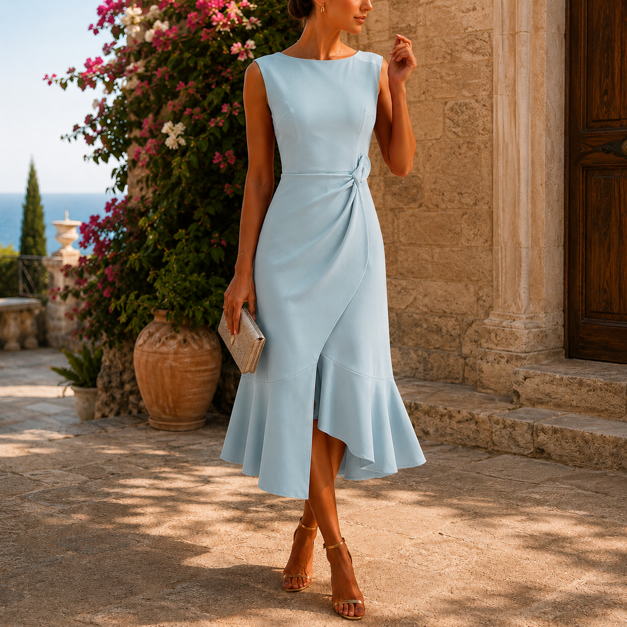 Women’s Asymmetric Midi Dress – Tie-Waist Wedding Guest Style for Spring and Summer Events