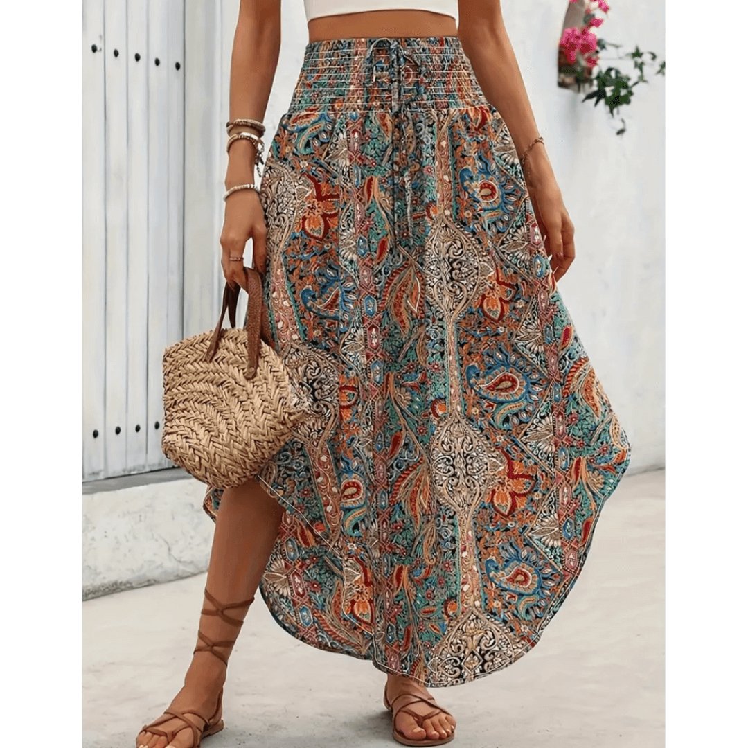 Dámská potiskovaná boho maxi sukně s vysokým pasem letní styl