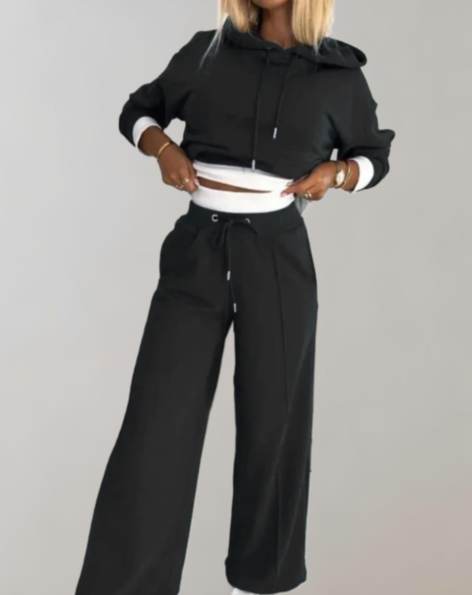 Women’s Two Piece Hoodie and Wide Leg Trousers Set Comfortable Cotton Blend Casual Loungewear Everyday Outfit