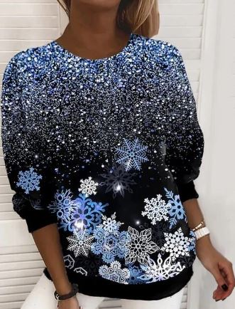 Women’s Snowflake Christmas Sweatshirt – Relaxed Crew-Neck Pullover for Festive Winter Wear