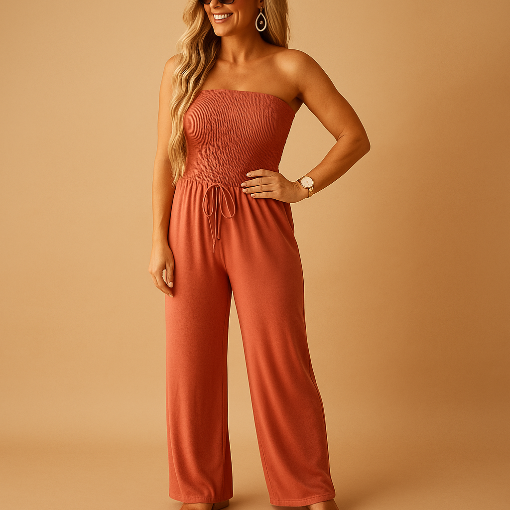 Women’s Strapless Smocked Jumpsuit – Relaxed Wide Leg One-Piece for Summer Holidays and Casual Days